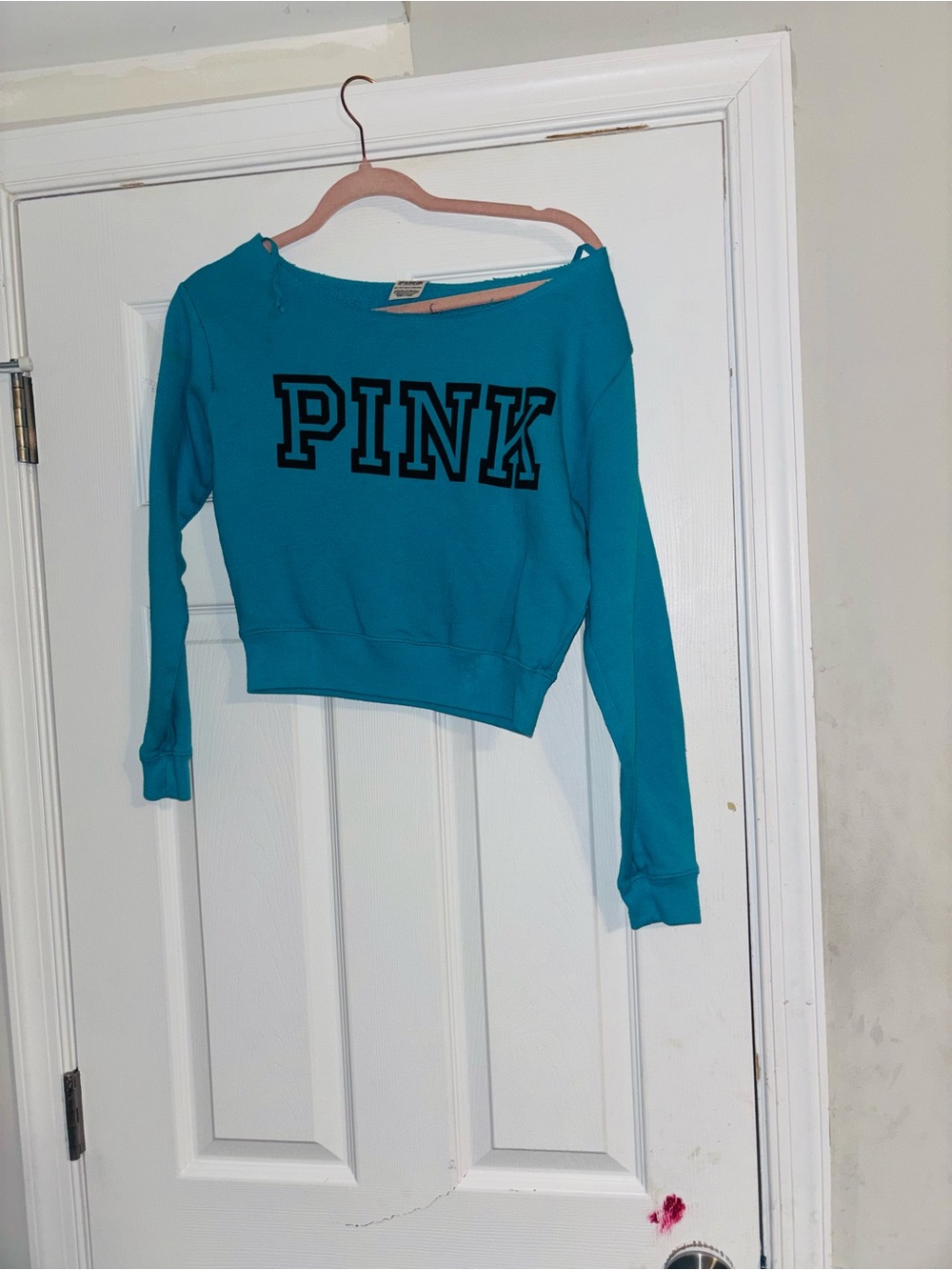PINK Teal Cropped Sweatshirt